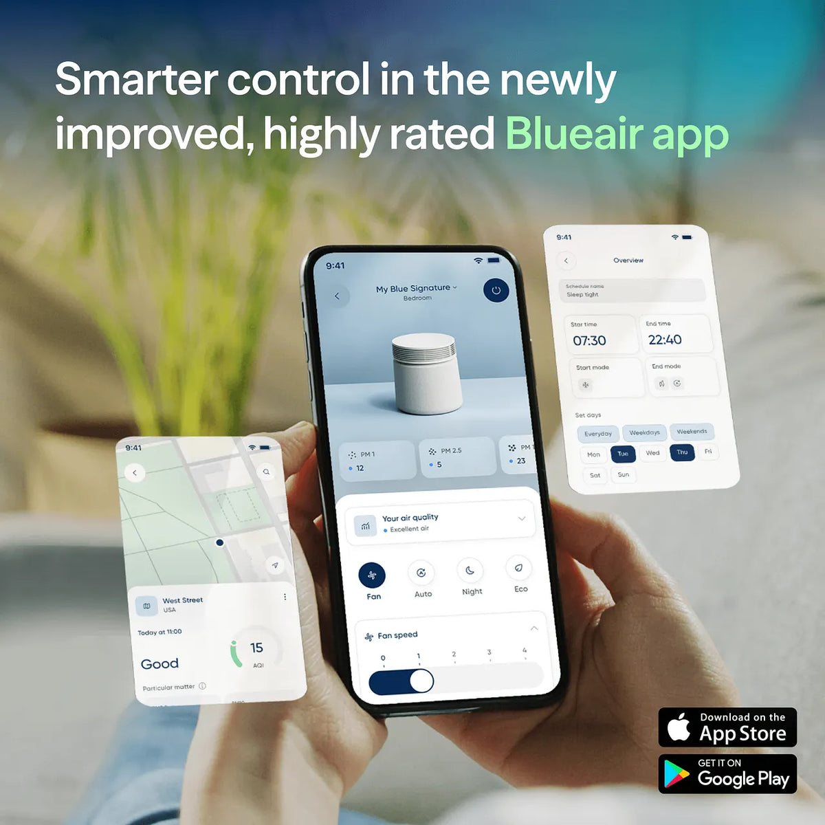 Hände halten Smartphone mit Blueair-App, zeigt Luftqualitätswerte und Steuerung des Luftreinigers „Blue Signature“