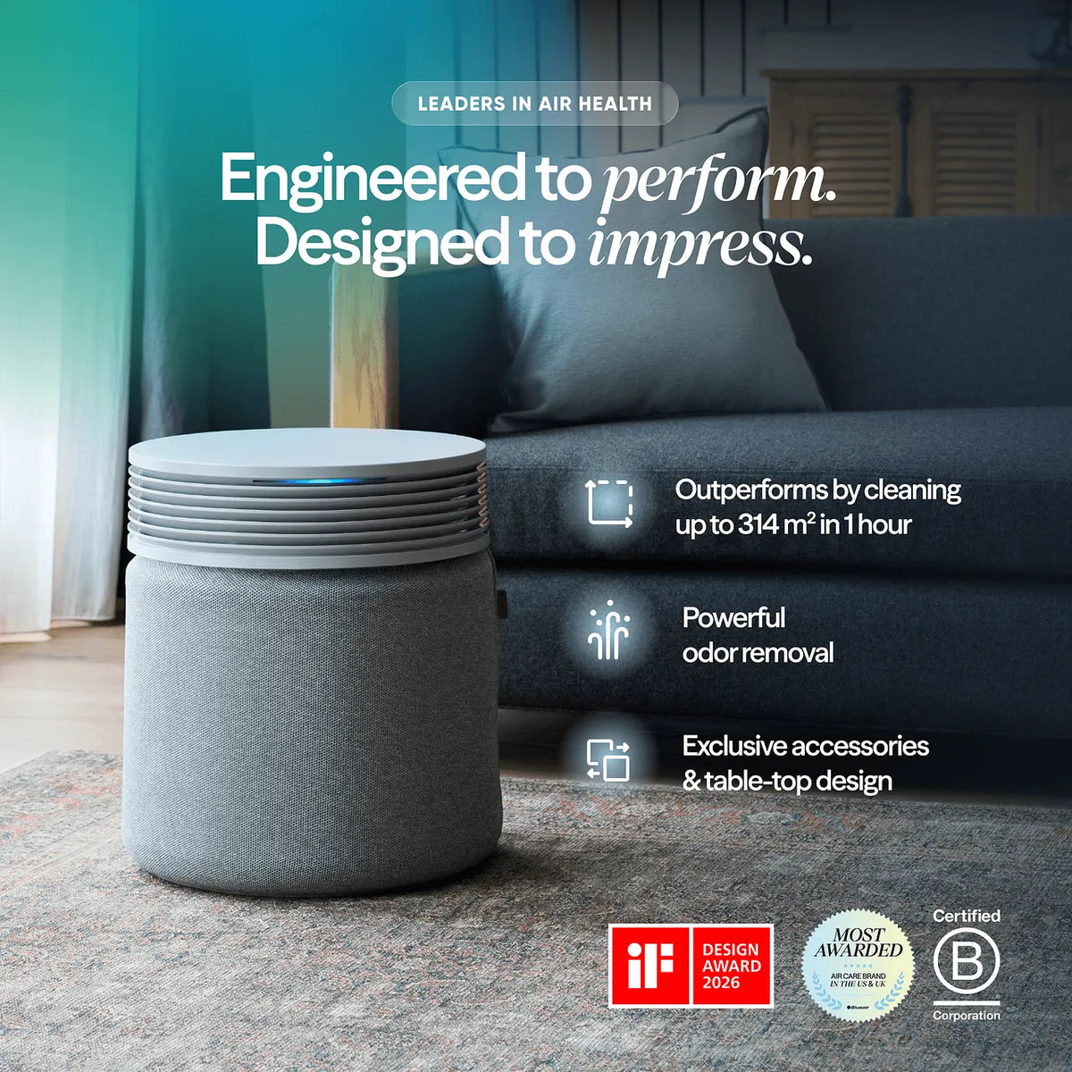 Blueair Blue Signature SP4i Luftreiniger mit Stoffbezug im Wohnzimmer, Grafik mit Leistungsmerkmalen und Siegeln „iF Design Award 2026“ und „Certified B Corporation“