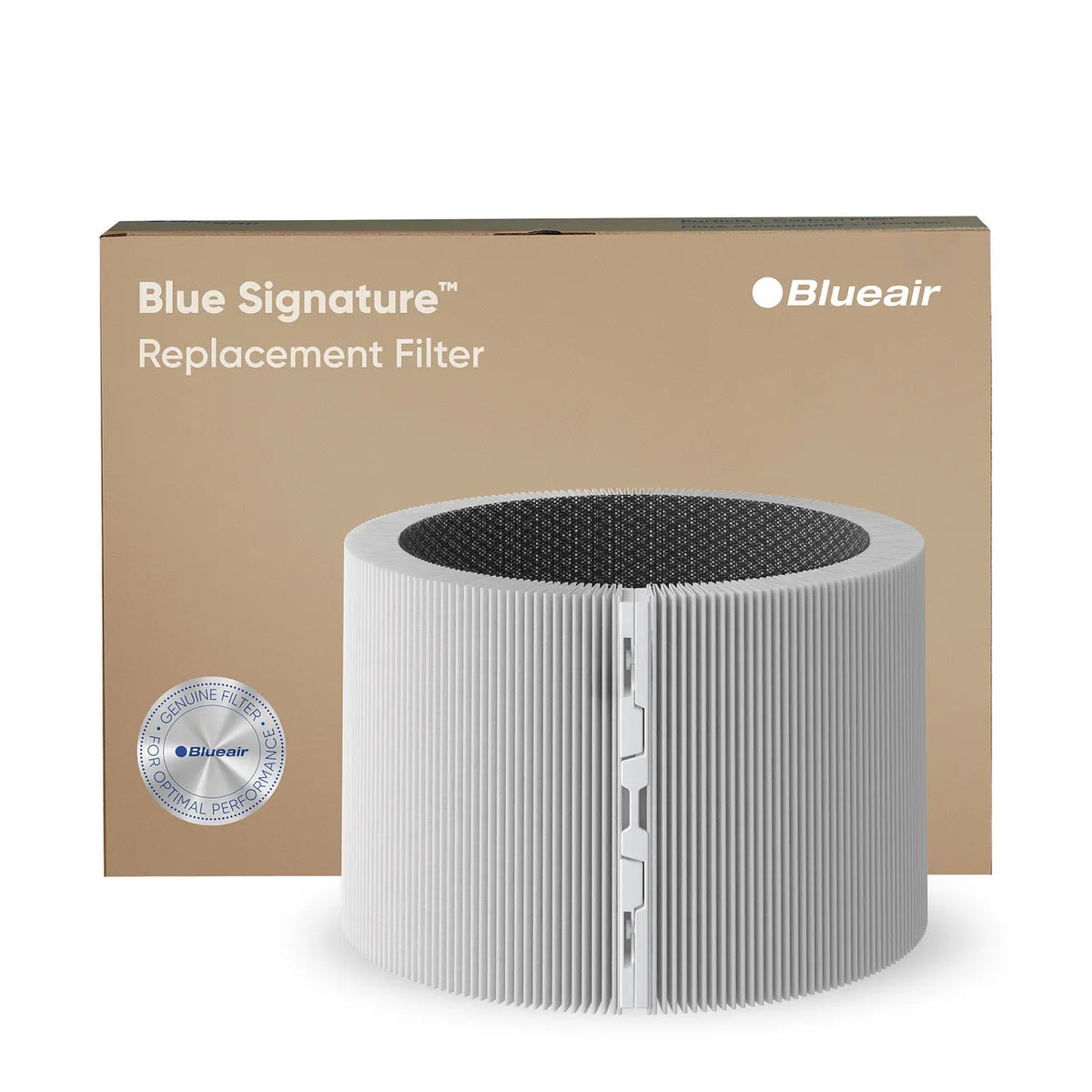 Blueair Blue Signature™ Ersatzfilter, rund gefaltet, vor Verpackung mit Siegel „Genuine Filter“