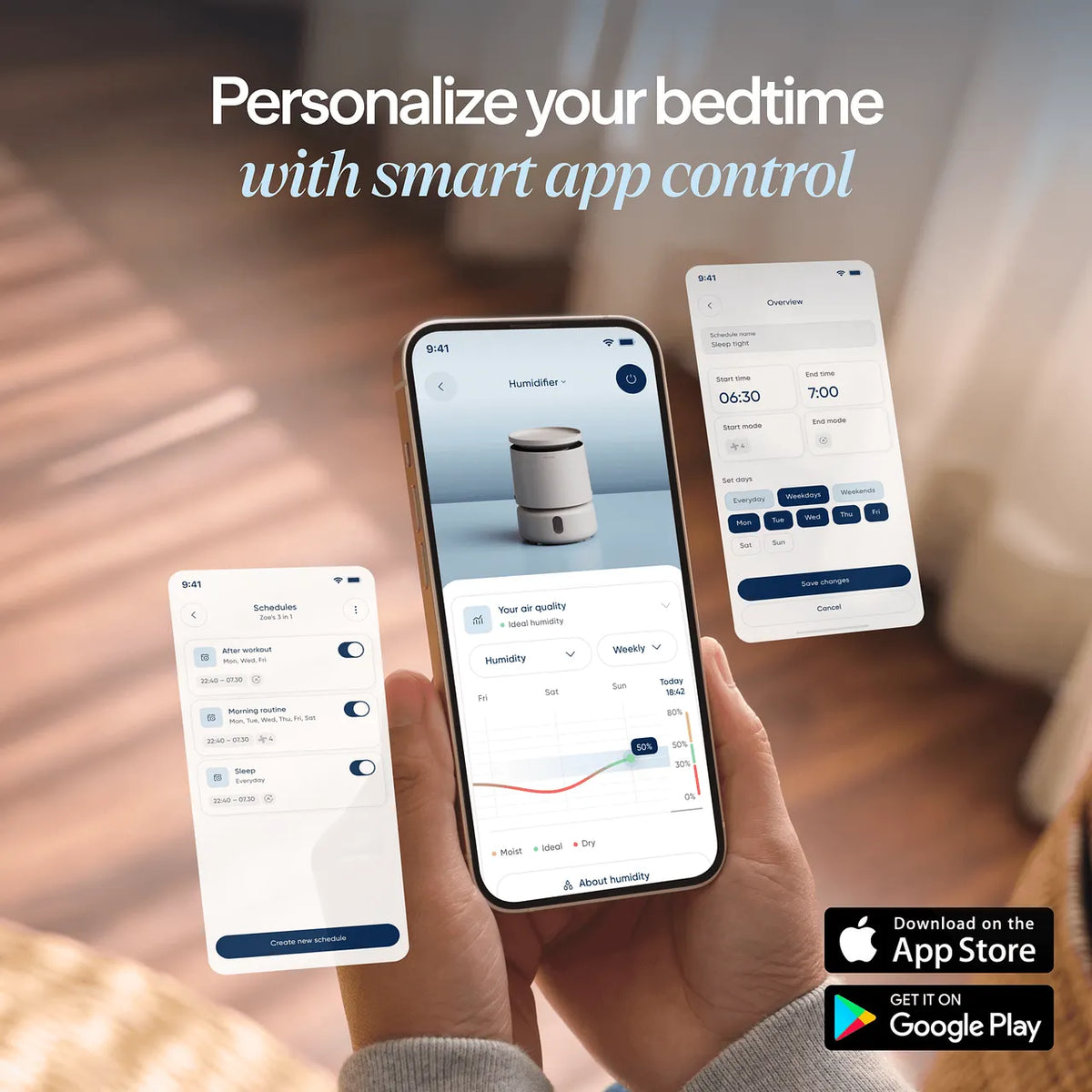 Smartphone-Displays zeigen Blueair-App mit Luftfeuchtigkeits-Verlauf, Zeitplänen und Einstellungen für Luftbefeuchter